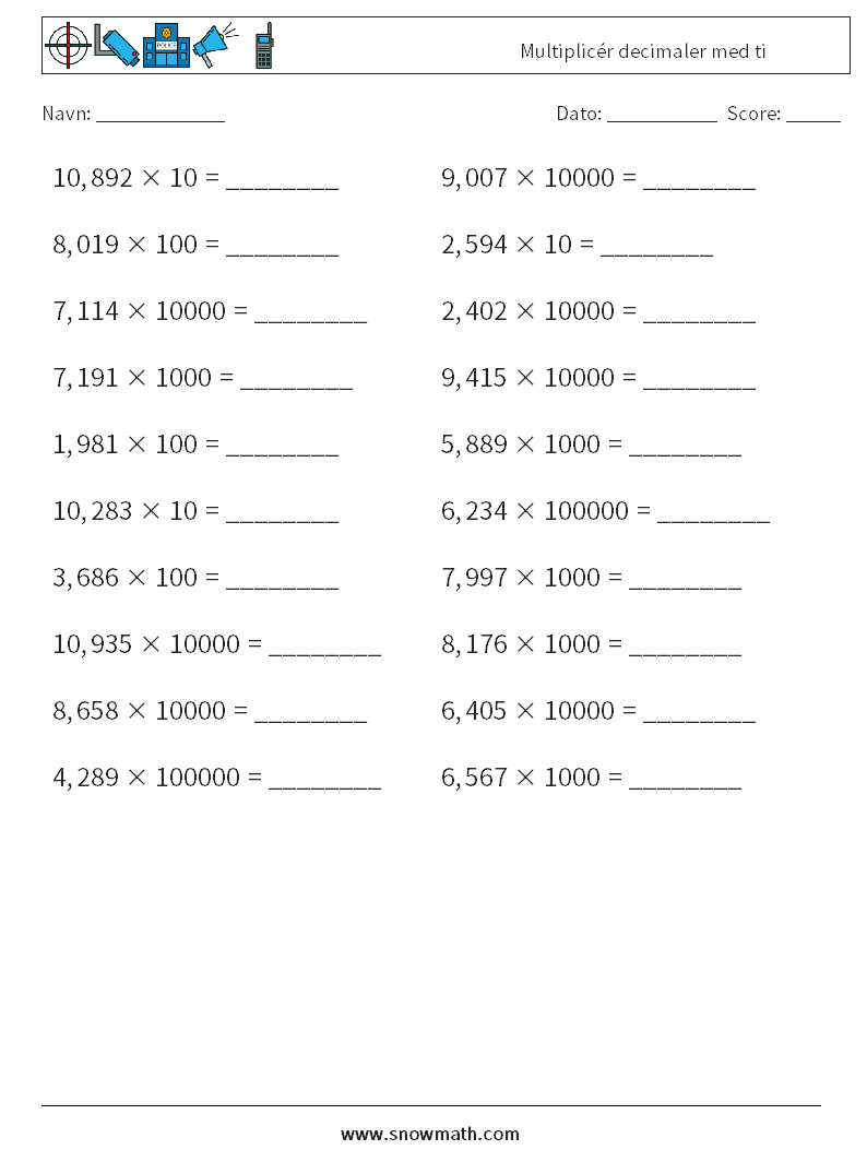 Multiplicér decimaler med ti Matematiske regneark 13