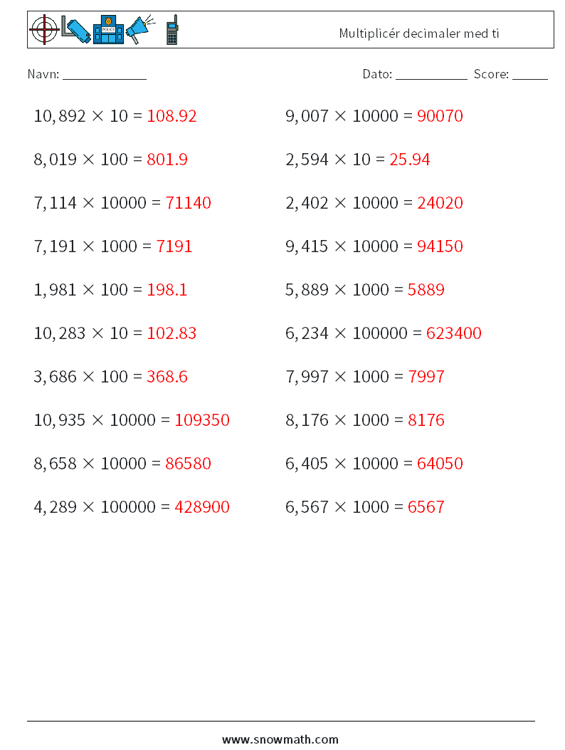 Multiplicér decimaler med ti Matematiske regneark 13 Spørgsmål, svar