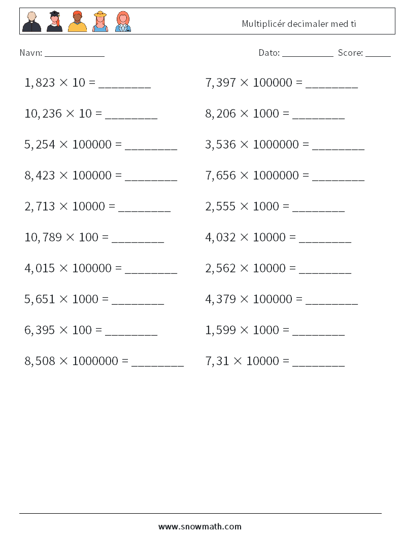 Multiplicér decimaler med ti Matematiske regneark 14