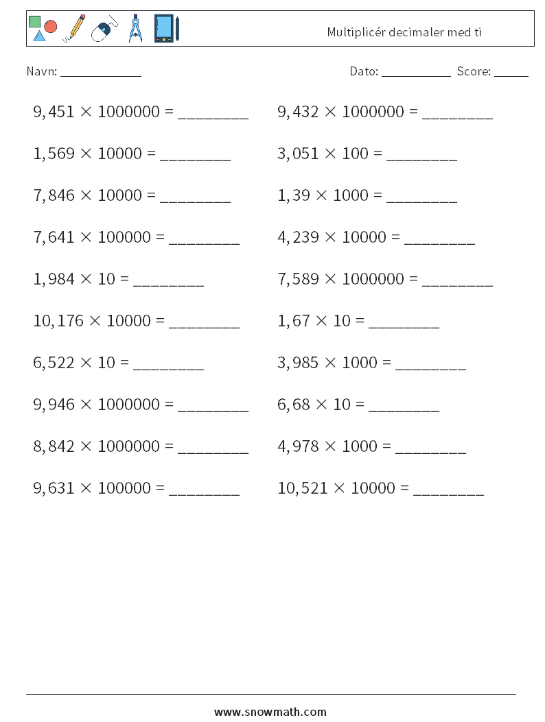 Multiplicér decimaler med ti Matematiske regneark 15