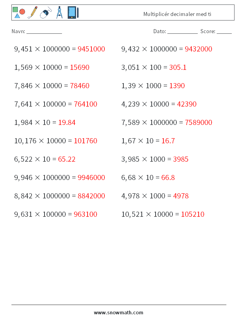 Multiplicér decimaler med ti Matematiske regneark 15 Spørgsmål, svar