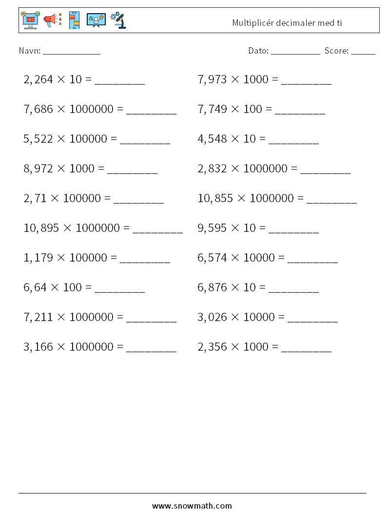 Multiplicér decimaler med ti Matematiske regneark 16