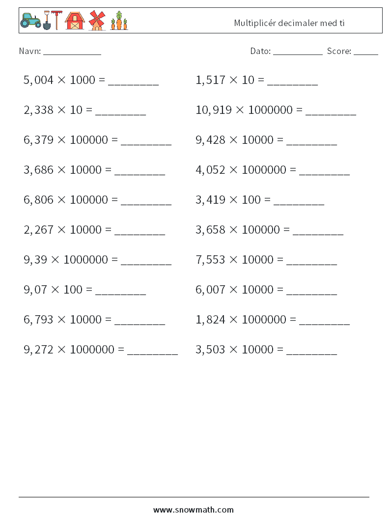 Multiplicér decimaler med ti Matematiske regneark 17