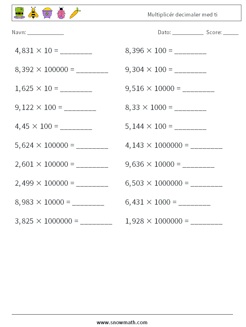 Multiplicér decimaler med ti Matematiske regneark 18