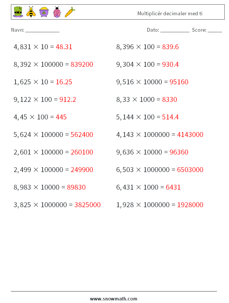 Multiplicér decimaler med ti Matematiske regneark 18 Spørgsmål, svar