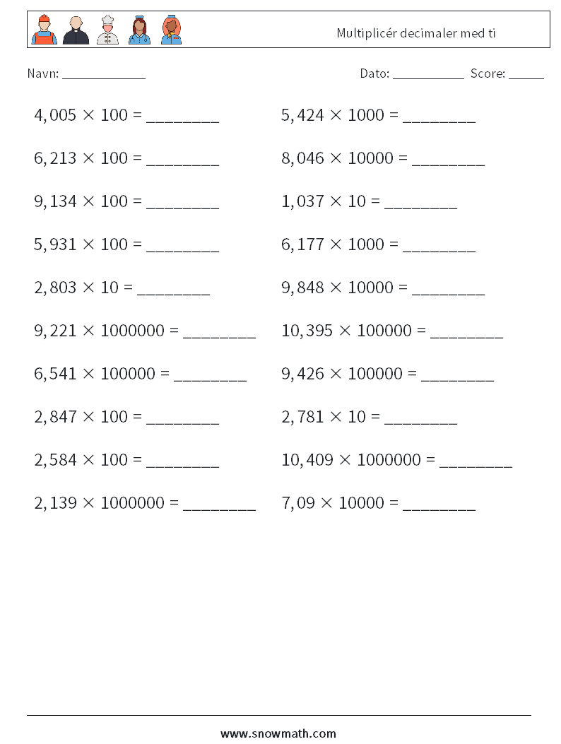 Multiplicér decimaler med ti Matematiske regneark 2