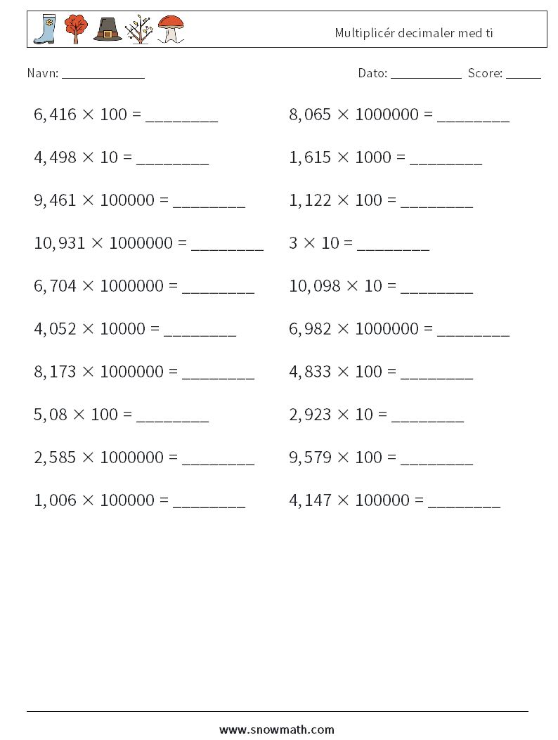 Multiplicér decimaler med ti Matematiske regneark 3
