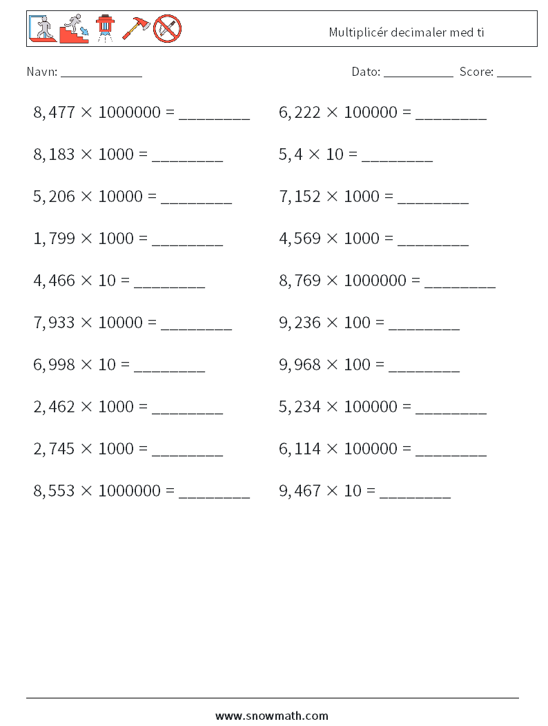 Multiplicér decimaler med ti Matematiske regneark 4