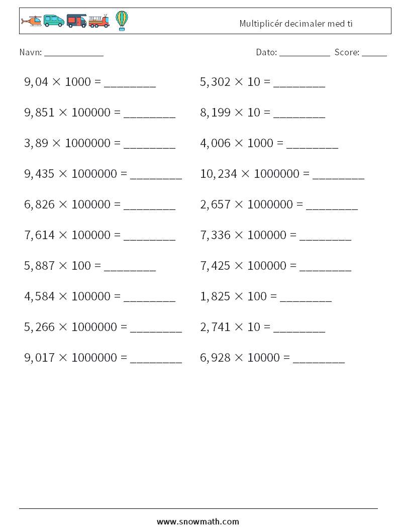 Multiplicér decimaler med ti Matematiske regneark 5