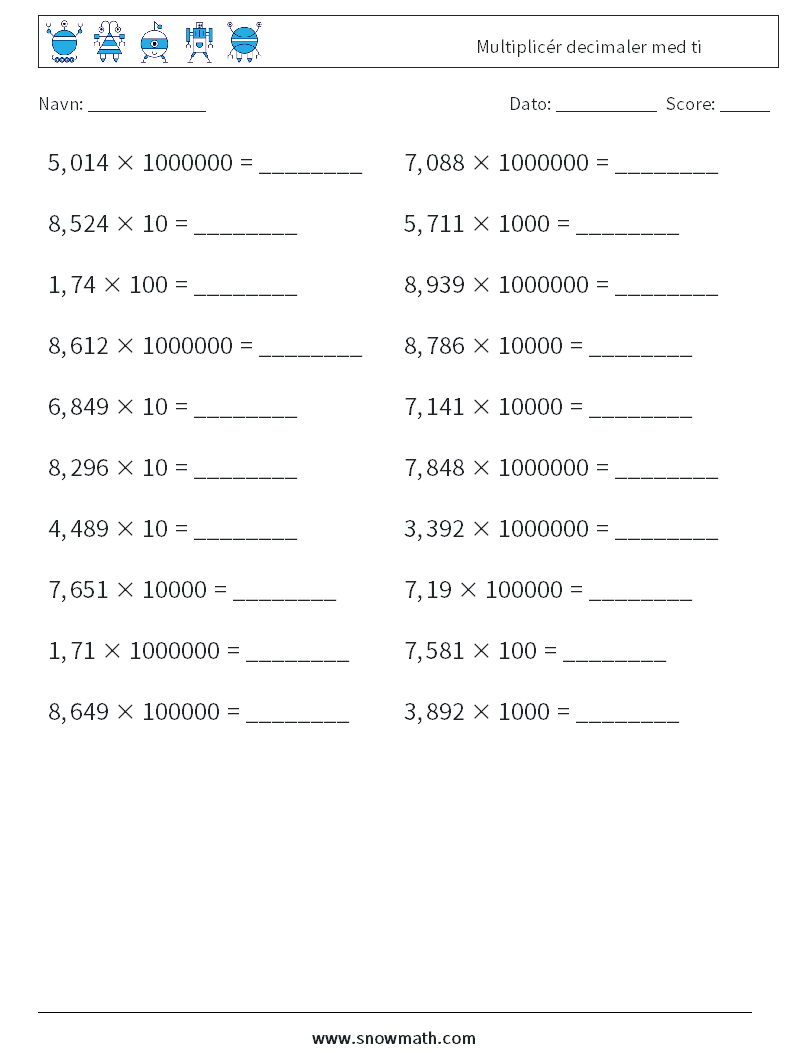 Multiplicér decimaler med ti Matematiske regneark 6