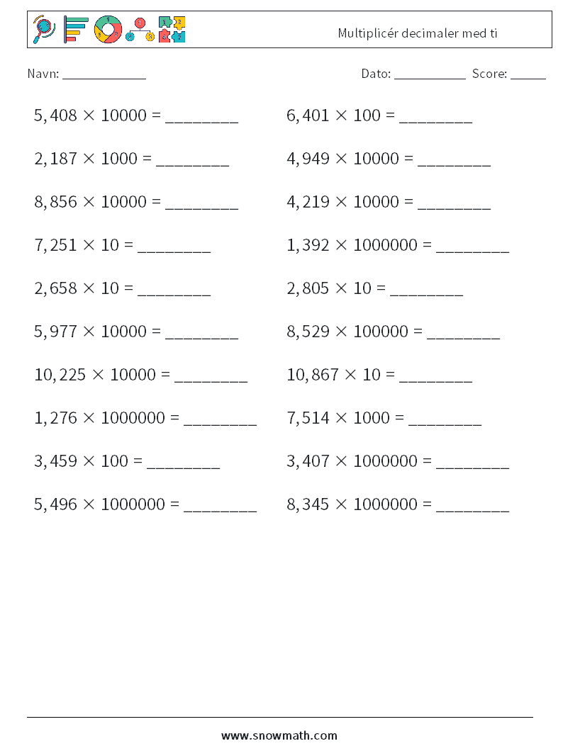 Multiplicér decimaler med ti Matematiske regneark 7