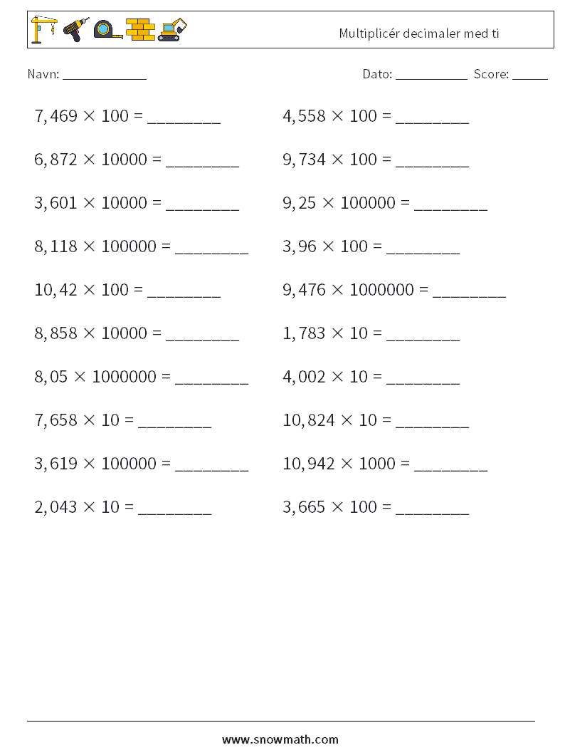 Multiplicér decimaler med ti Matematiske regneark 8
