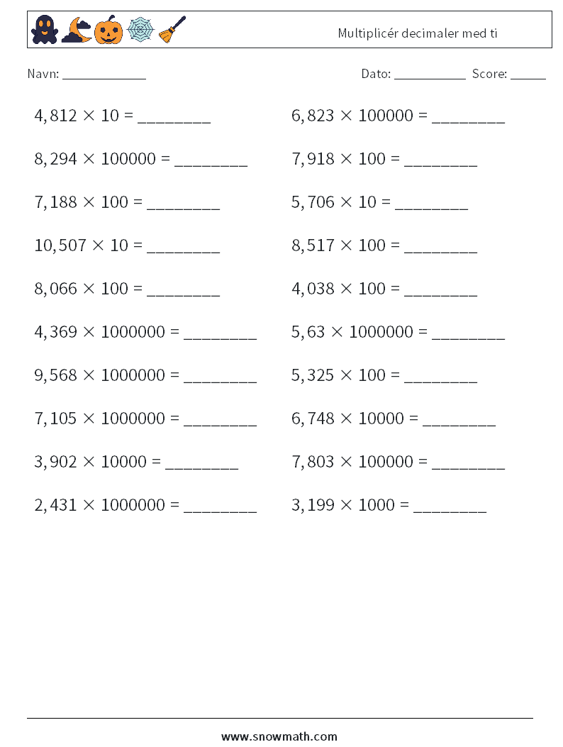 Multiplicér decimaler med ti Matematiske regneark 9