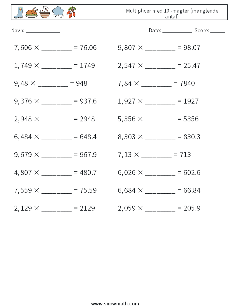 Multiplicer med 10 -magter (manglende antal) Matematiske regneark 10