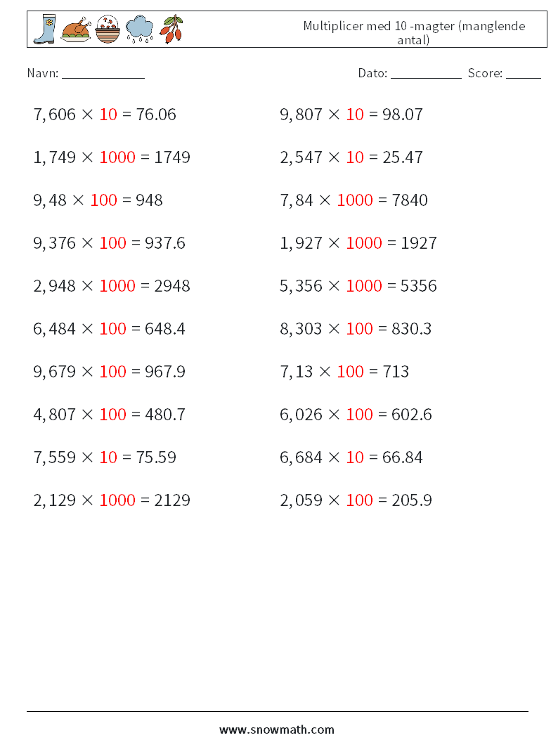 Multiplicer med 10 -magter (manglende antal) Matematiske regneark 10 Spørgsmål, svar