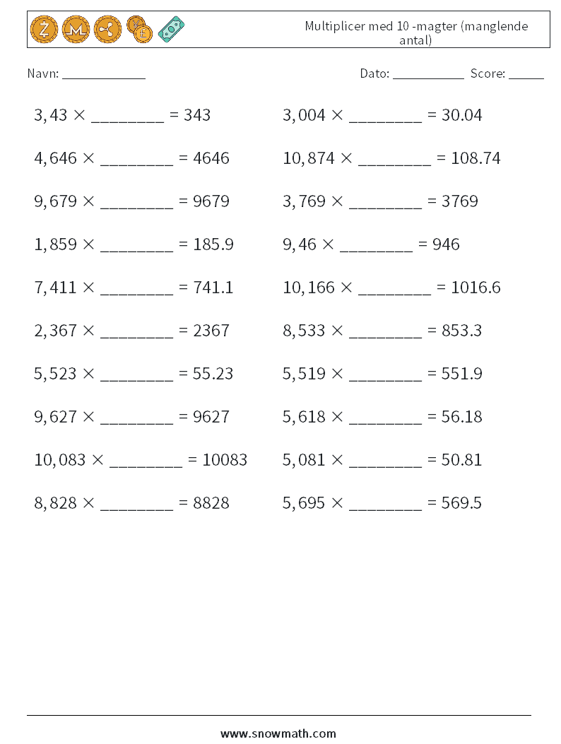 Multiplicer med 10 -magter (manglende antal) Matematiske regneark 11