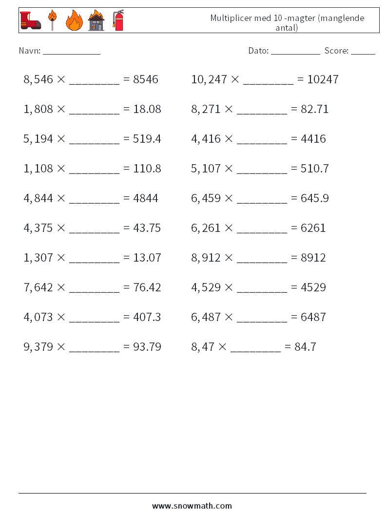 Multiplicer med 10 -magter (manglende antal) Matematiske regneark 12