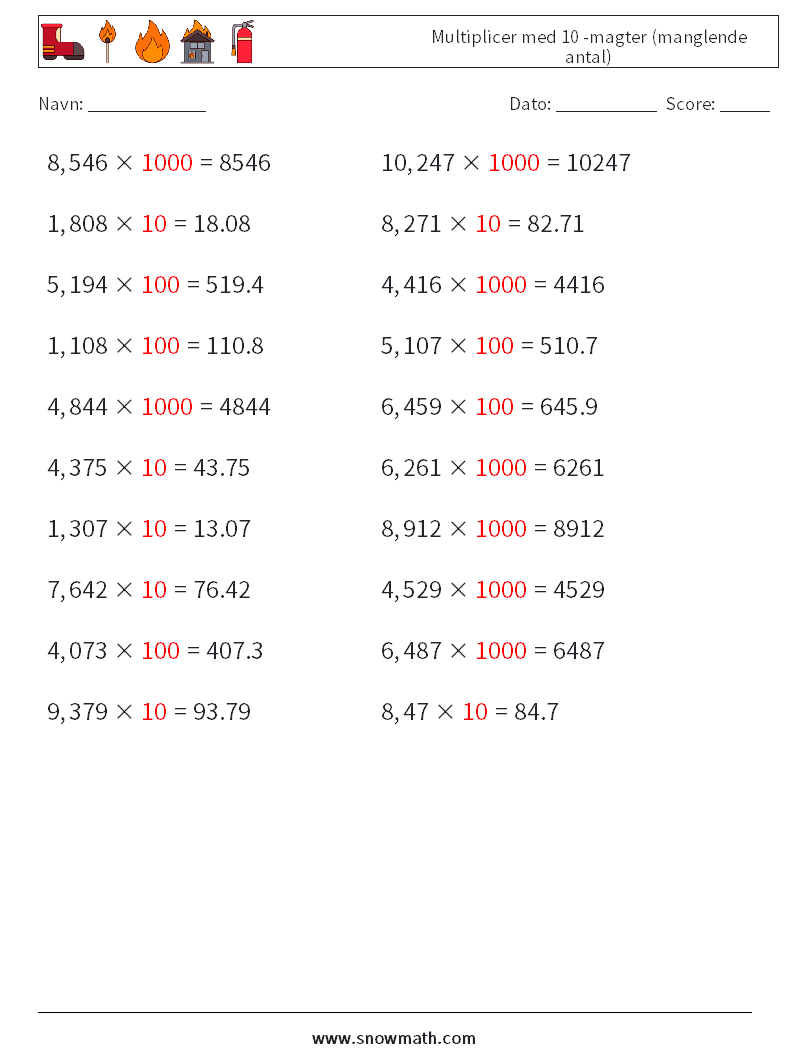 Multiplicer med 10 -magter (manglende antal) Matematiske regneark 12 Spørgsmål, svar