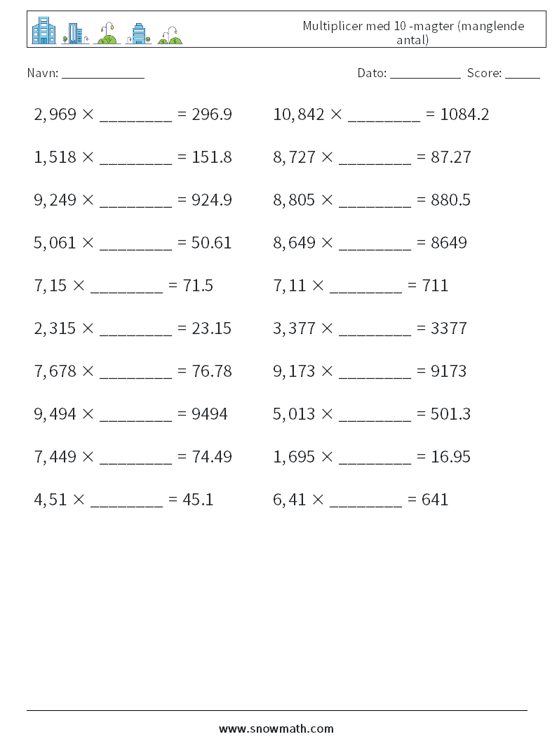 Multiplicer med 10 -magter (manglende antal) Matematiske regneark 13