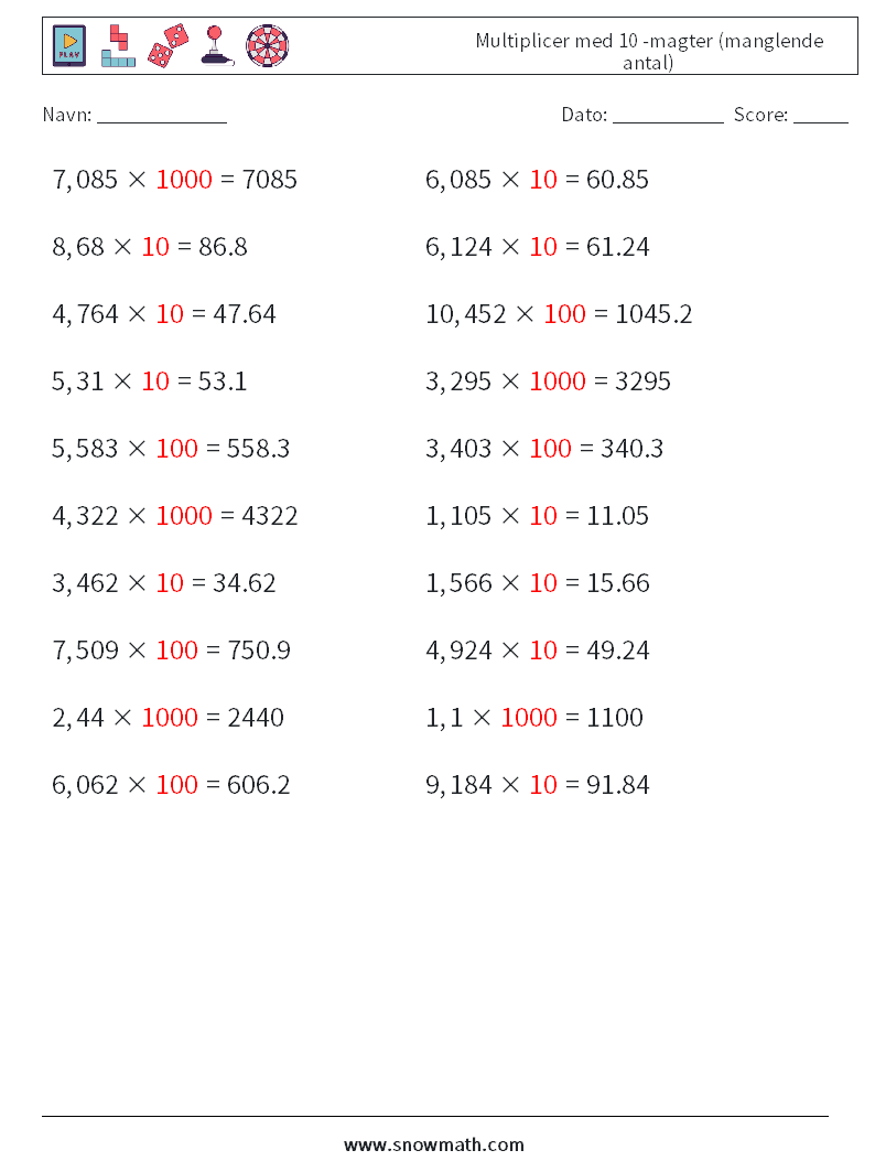 Multiplicer med 10 -magter (manglende antal) Matematiske regneark 14 Spørgsmål, svar