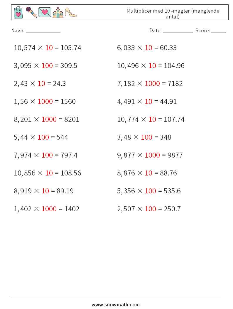 Multiplicer med 10 -magter (manglende antal) Matematiske regneark 15 Spørgsmål, svar