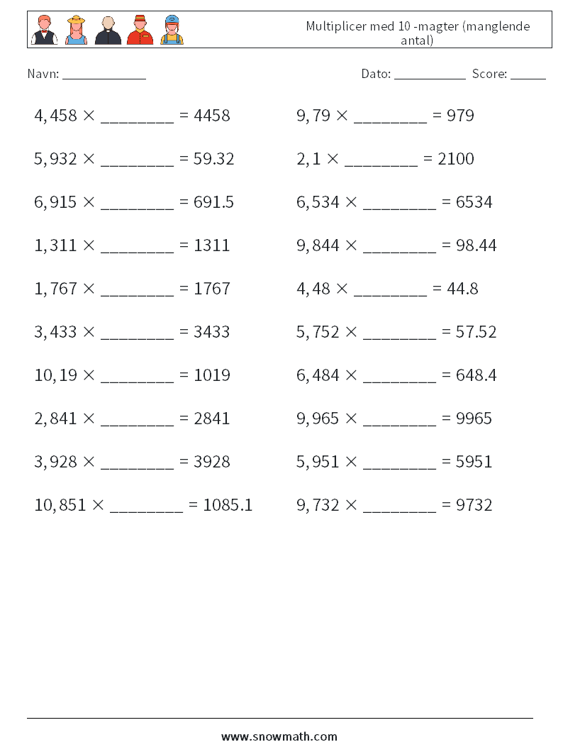 Multiplicer med 10 -magter (manglende antal) Matematiske regneark 16