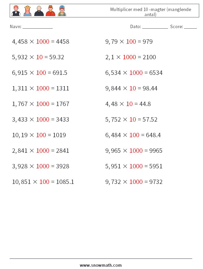 Multiplicer med 10 -magter (manglende antal) Matematiske regneark 16 Spørgsmål, svar