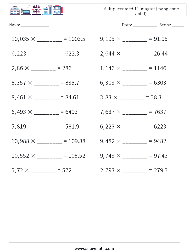 Multiplicer med 10 -magter (manglende antal) Matematiske regneark 17