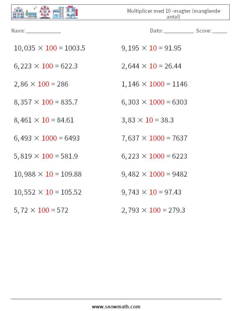 Multiplicer med 10 -magter (manglende antal) Matematiske regneark 17 Spørgsmål, svar