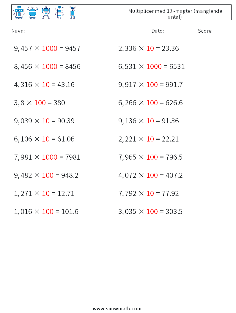 Multiplicer med 10 -magter (manglende antal) Matematiske regneark 1 Spørgsmål, svar