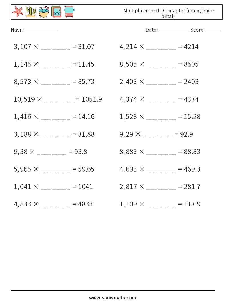 Multiplicer med 10 -magter (manglende antal) Matematiske regneark 4