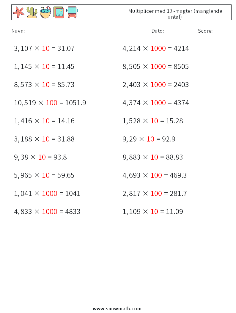 Multiplicer med 10 -magter (manglende antal) Matematiske regneark 4 Spørgsmål, svar