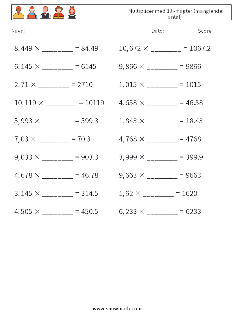 Multiplicer med 10 -magter (manglende antal) Matematiske regneark 5