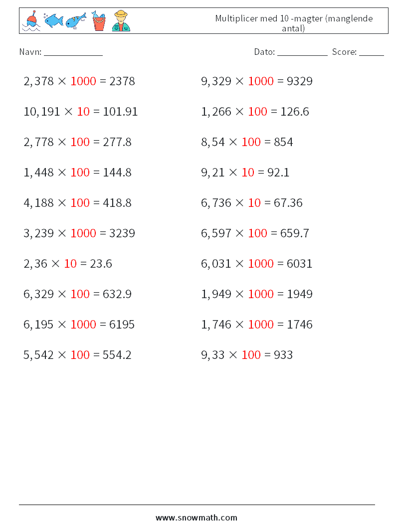 Multiplicer med 10 -magter (manglende antal) Matematiske regneark 6 Spørgsmål, svar