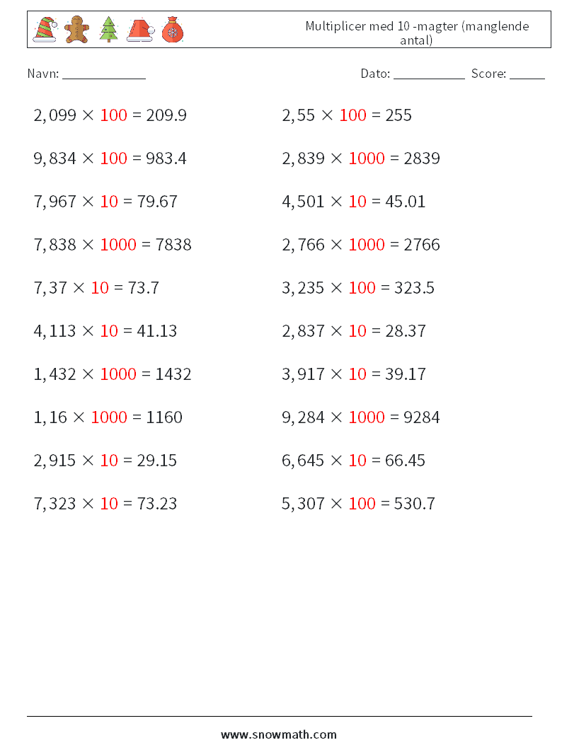Multiplicer med 10 -magter (manglende antal) Matematiske regneark 8 Spørgsmål, svar
