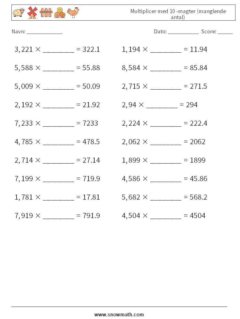 Multiplicer med 10 -magter (manglende antal) Matematiske regneark 9