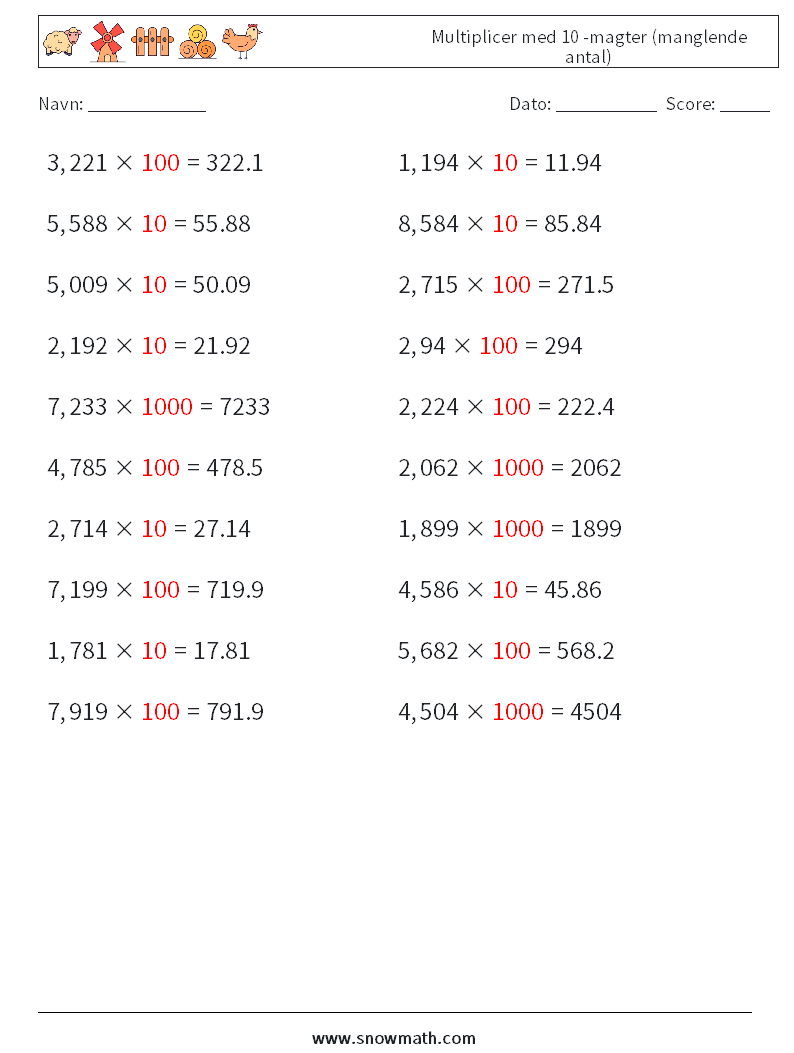 Multiplicer med 10 -magter (manglende antal) Matematiske regneark 9 Spørgsmål, svar