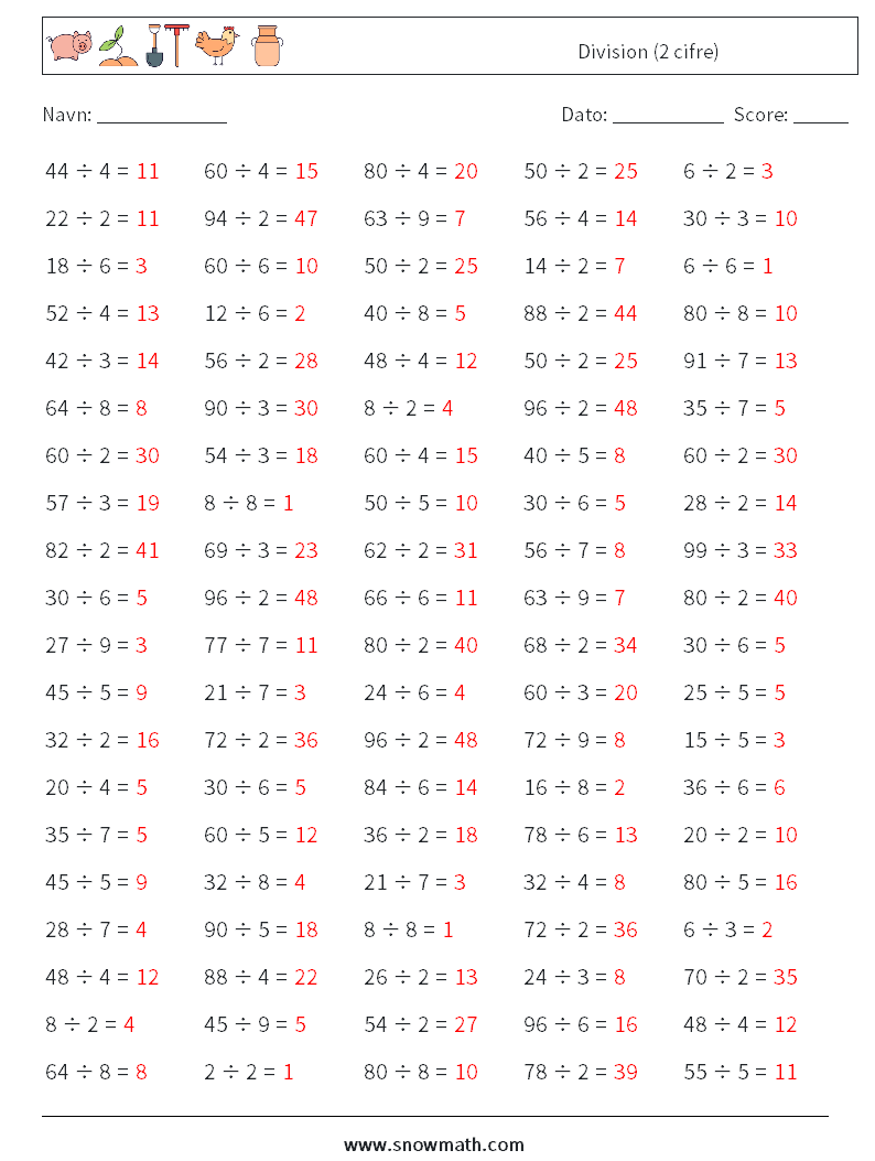 (100) Division (2 cifre) Matematiske regneark 1 Spørgsmål, svar