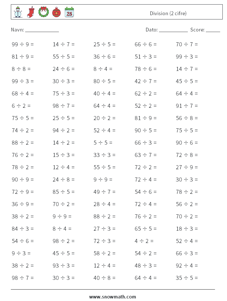 (100) Division (2 cifre) Matematiske regneark 2