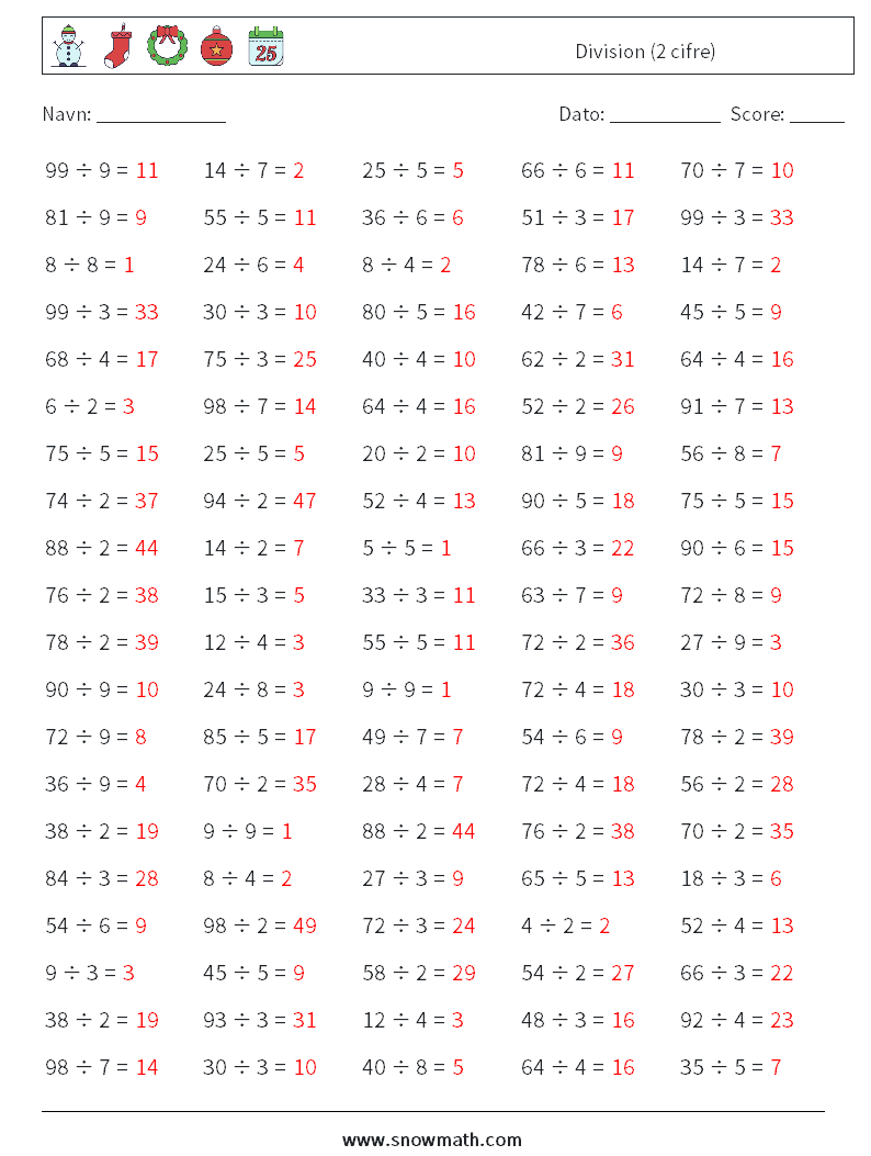 (100) Division (2 cifre) Matematiske regneark 2 Spørgsmål, svar