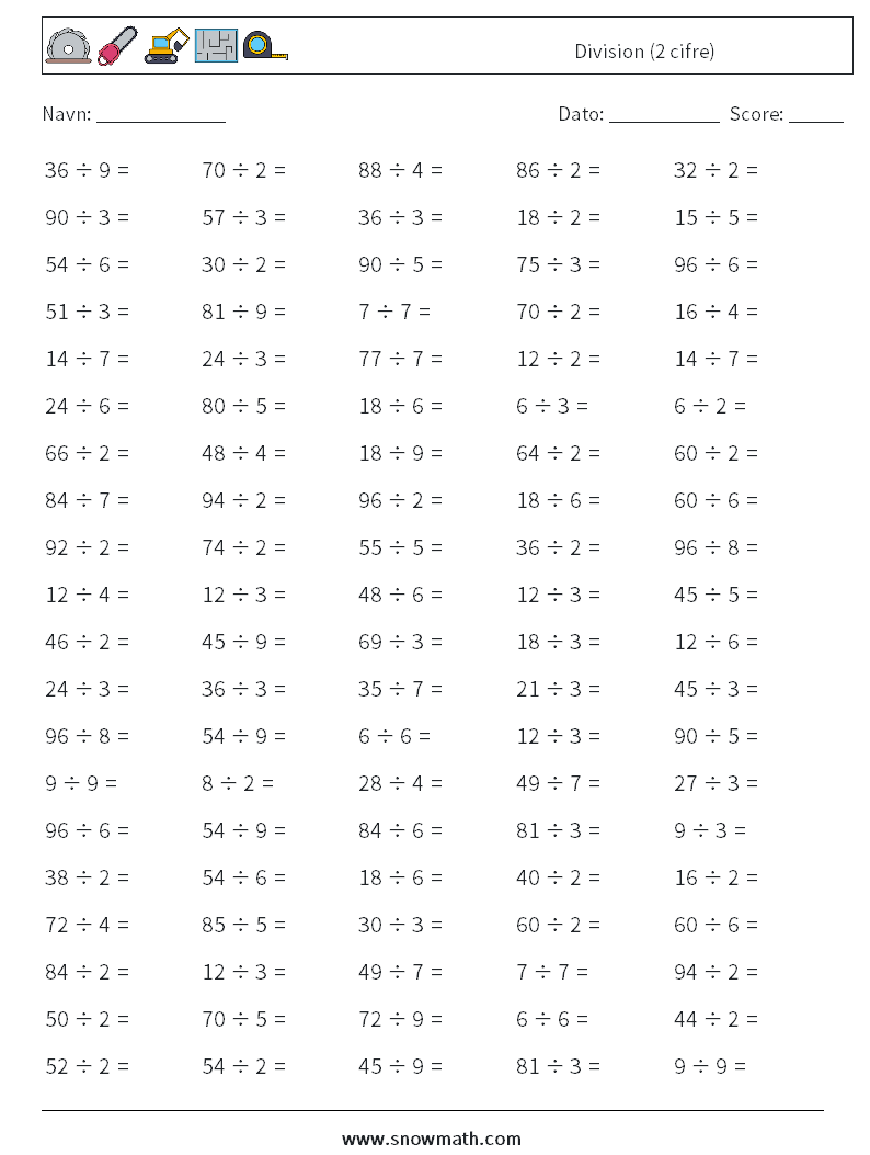 (100) Division (2 cifre) Matematiske regneark 3