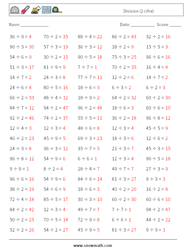 (100) Division (2 cifre) Matematiske regneark 3 Spørgsmål, svar