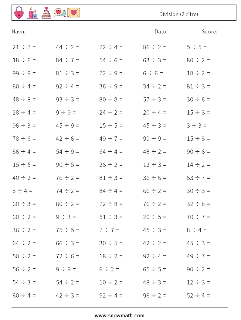 (100) Division (2 cifre) Matematiske regneark 4