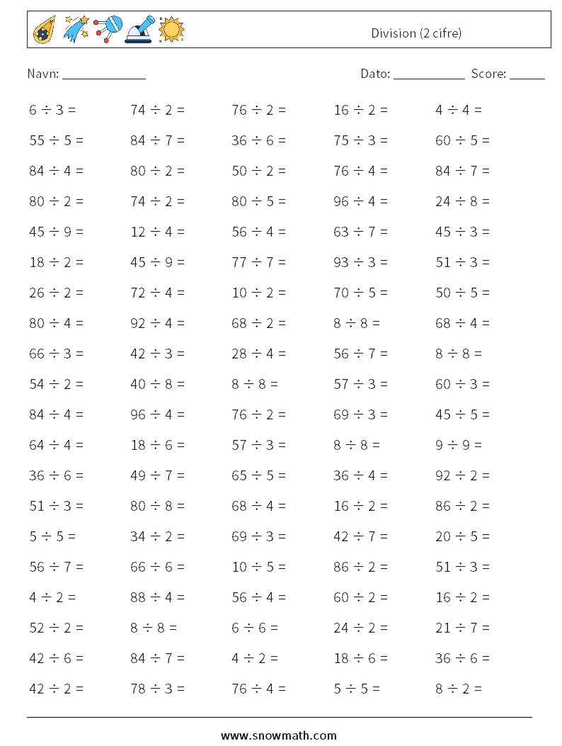 (100) Division (2 cifre) Matematiske regneark 5