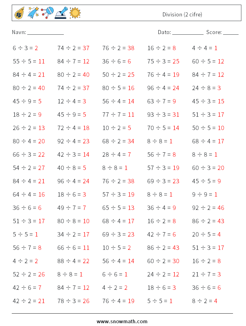 (100) Division (2 cifre) Matematiske regneark 5 Spørgsmål, svar