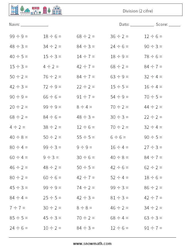 (100) Division (2 cifre) Matematiske regneark 6