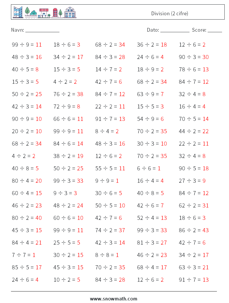 (100) Division (2 cifre) Matematiske regneark 6 Spørgsmål, svar