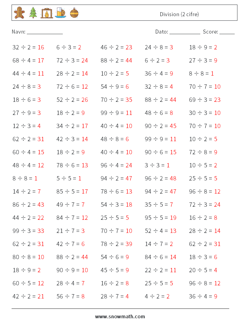 (100) Division (2 cifre) Matematiske regneark 7 Spørgsmål, svar