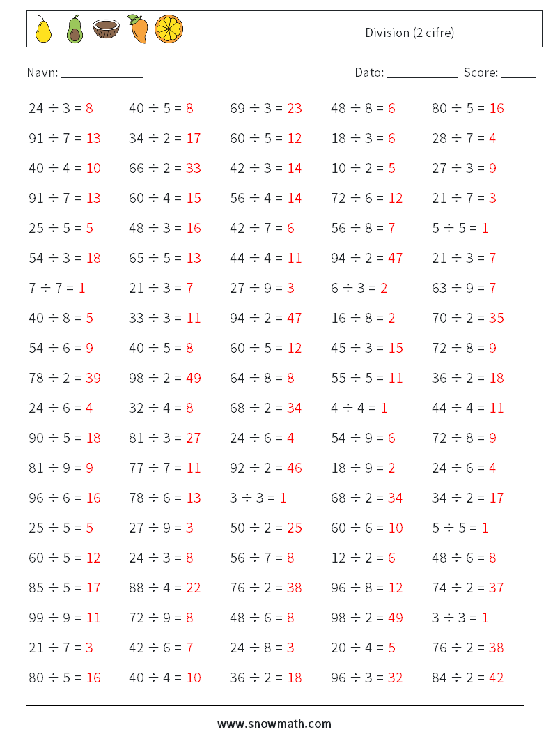 (100) Division (2 cifre) Matematiske regneark 8 Spørgsmål, svar