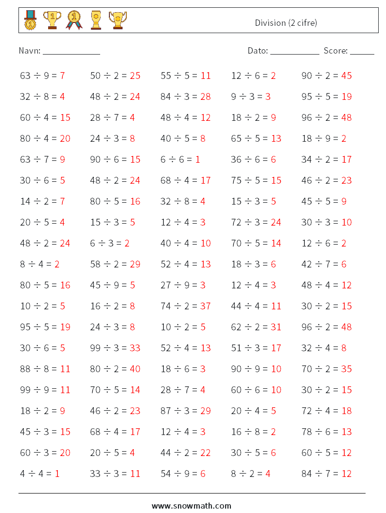 (100) Division (2 cifre) Matematiske regneark 9 Spørgsmål, svar